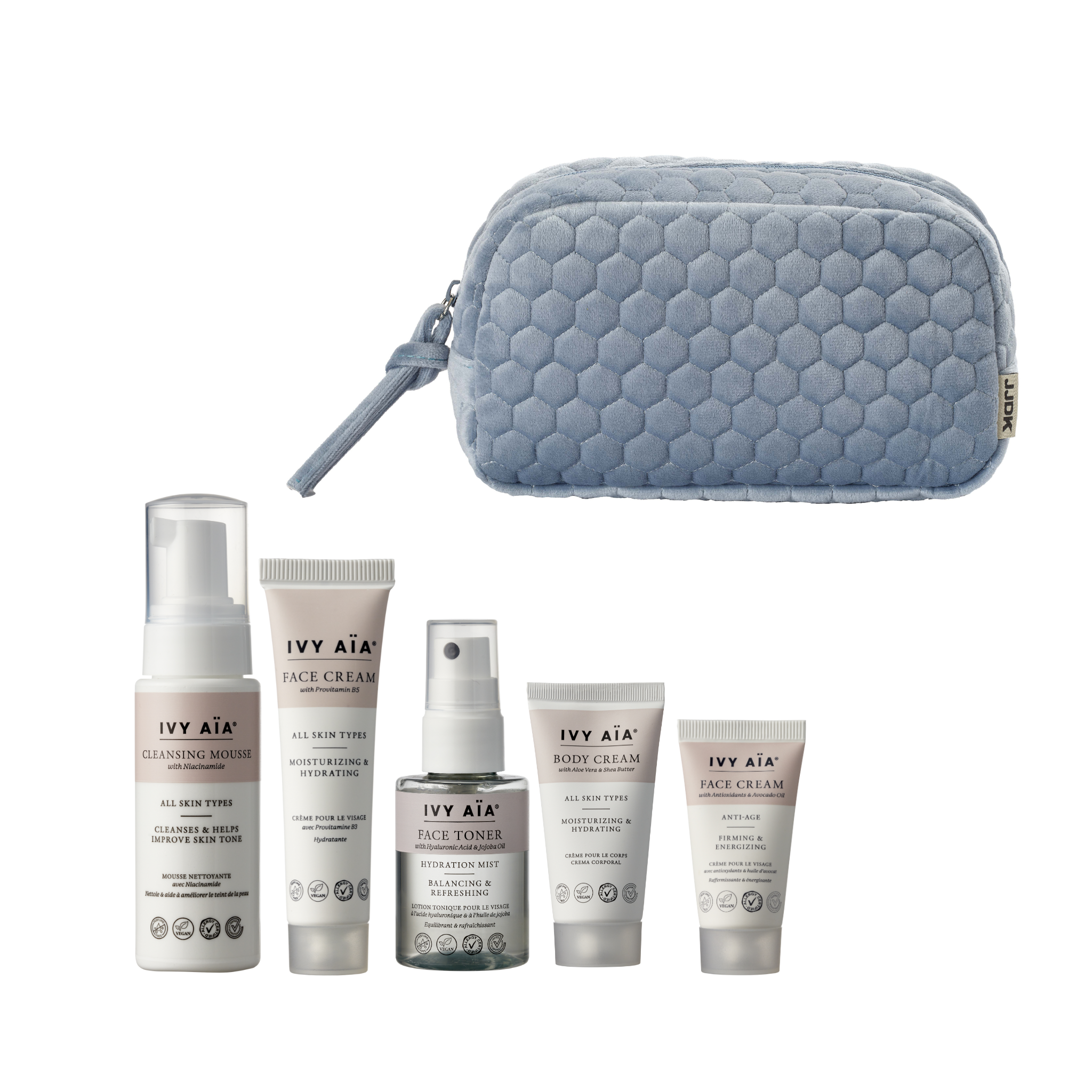 Ivy Aïa Travel Size Kit + Kosmetiktaske, soft blue